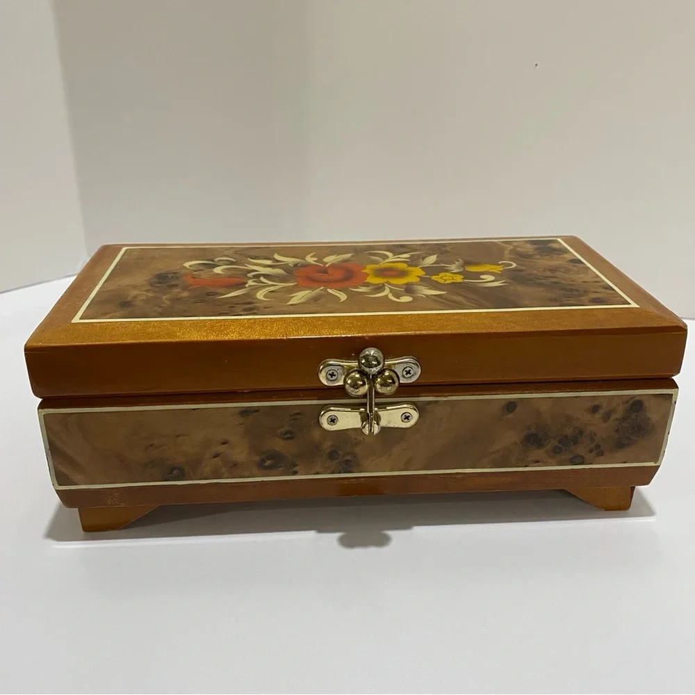 VTG Kimco Japan Wooden Jewelry Box Floral Inlay Red Velvet Lining Mirror READ